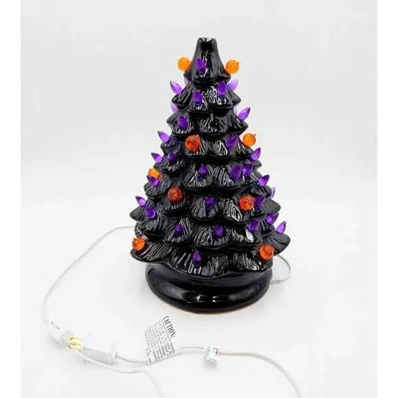 Halloween Tabletop Light Up Tree Ceramic 13 Inch Black Orange Purple